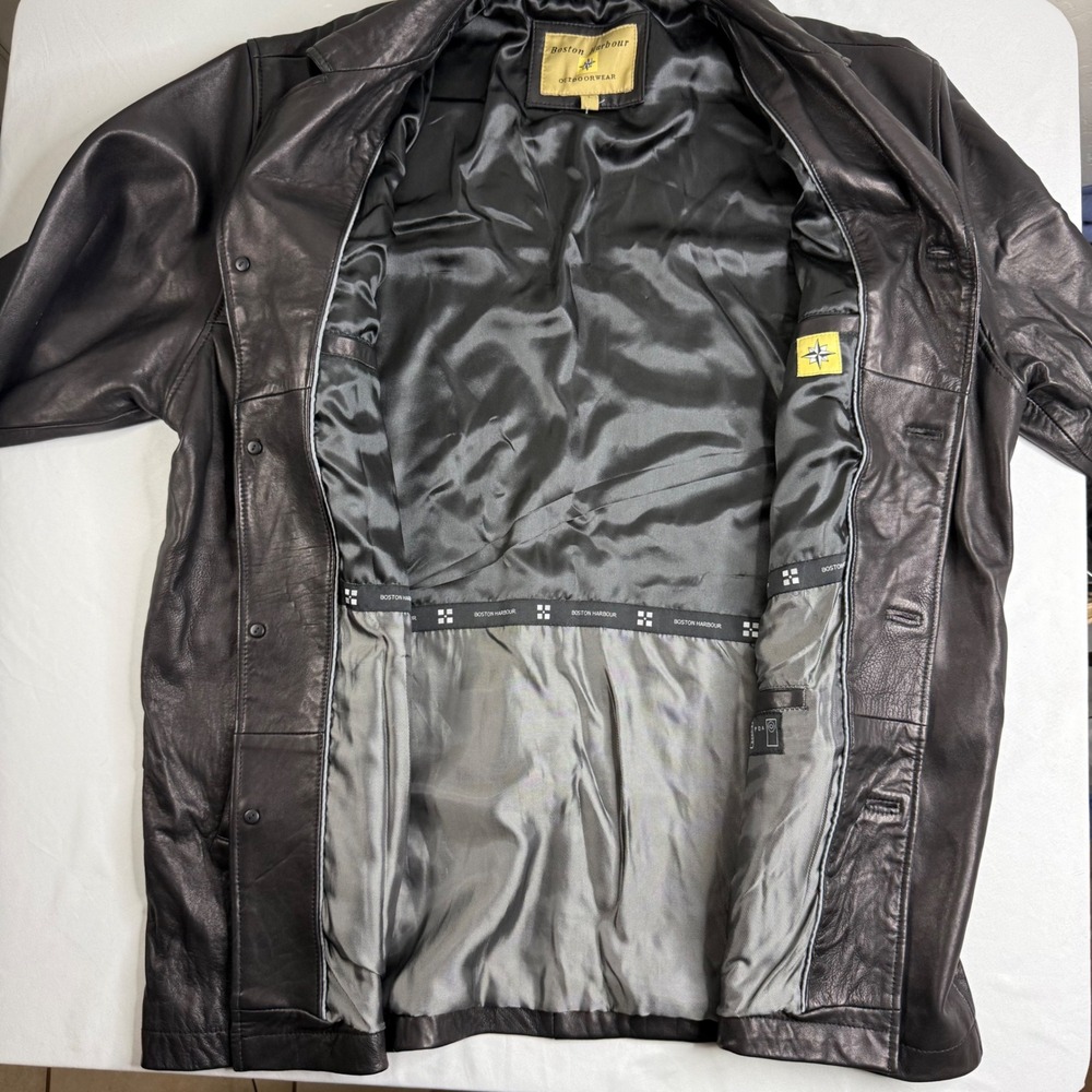 Boston Harbour Outdoorwear Mens Black Leather Button Front Car Coat Jacket L - Picture 7 of 16